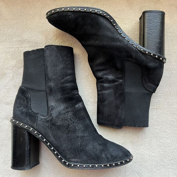Rag & Bone Romi Black Waxed Suede Bootie Women EU 39.5 US 9 Studded‎ Block Heel